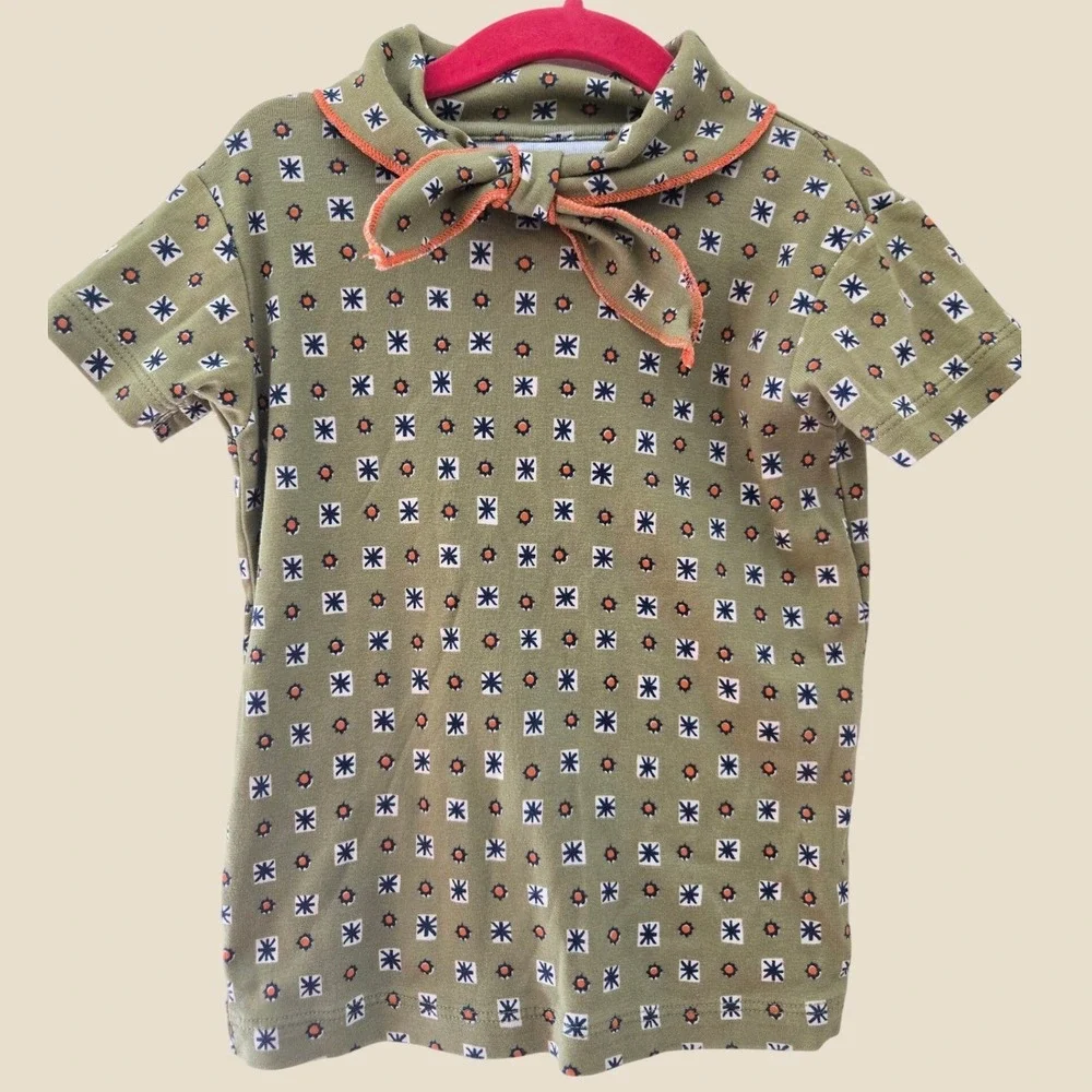Misha & Puff Olive Green Geometric Print Sailor Tie Top Organic Pima Cotton 6y